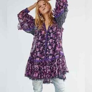 FREE PEOPLE Rosebud print mix purple floral long sleeve ruffle  mini dress XS